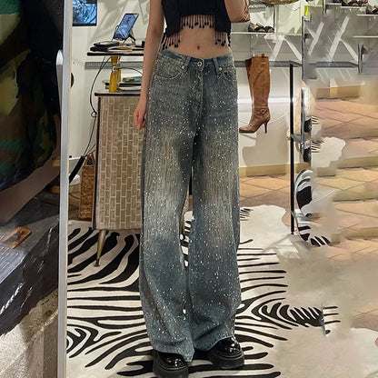 New Women's Perrusted Jeans, Starry Sky Patchwork Denim Trousers Spring Autumn Female Design With A Shiny Floor-length Pants