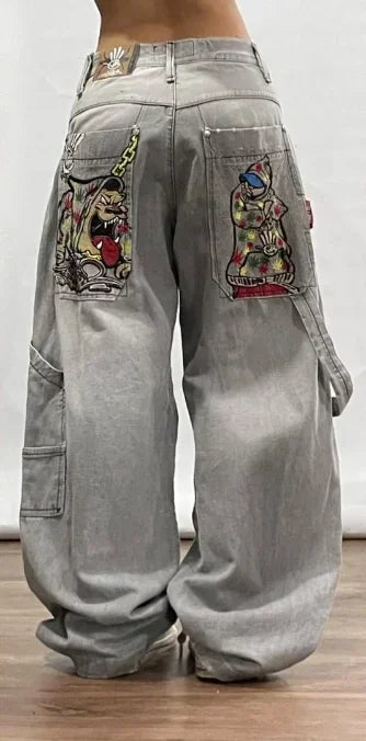 Y2K Baggy Jeans Women Cartoon Characters Embroidered Light Blue Washed Denim Jeans Harajuku Goth Skateboard Pants Street Clothes