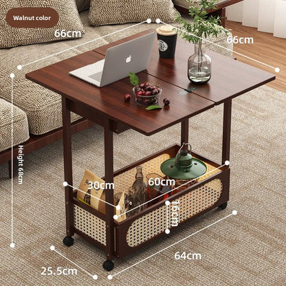 Wooden antique style coffee table, mobile coffee table, sofa side table, cart with pulley storage rack, rattan fence decoration