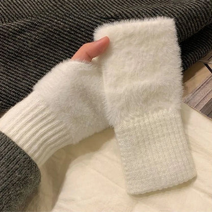 1pair Mink Fleece Soft Winter Half Finger Gloves Women Warm Plush Knitted Fingerless Gloves Girls Cute Wrist Mittens Writting