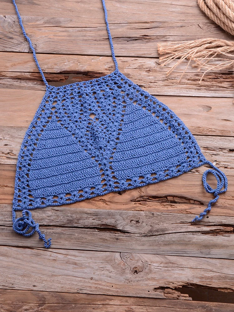 Sexy Crochet Bikinis Sets Handmade Knitted Cotton Swimwear Swimsuit Top + Bottom Bandage Women Sexy Beachwear Biquinis