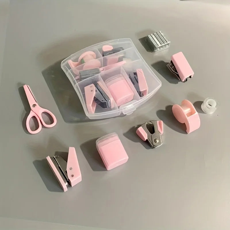 8 PCS Mini Office Supplies Set with Portable Case - Including Scissors Tape Box Pencil Case Puncher and Staples
