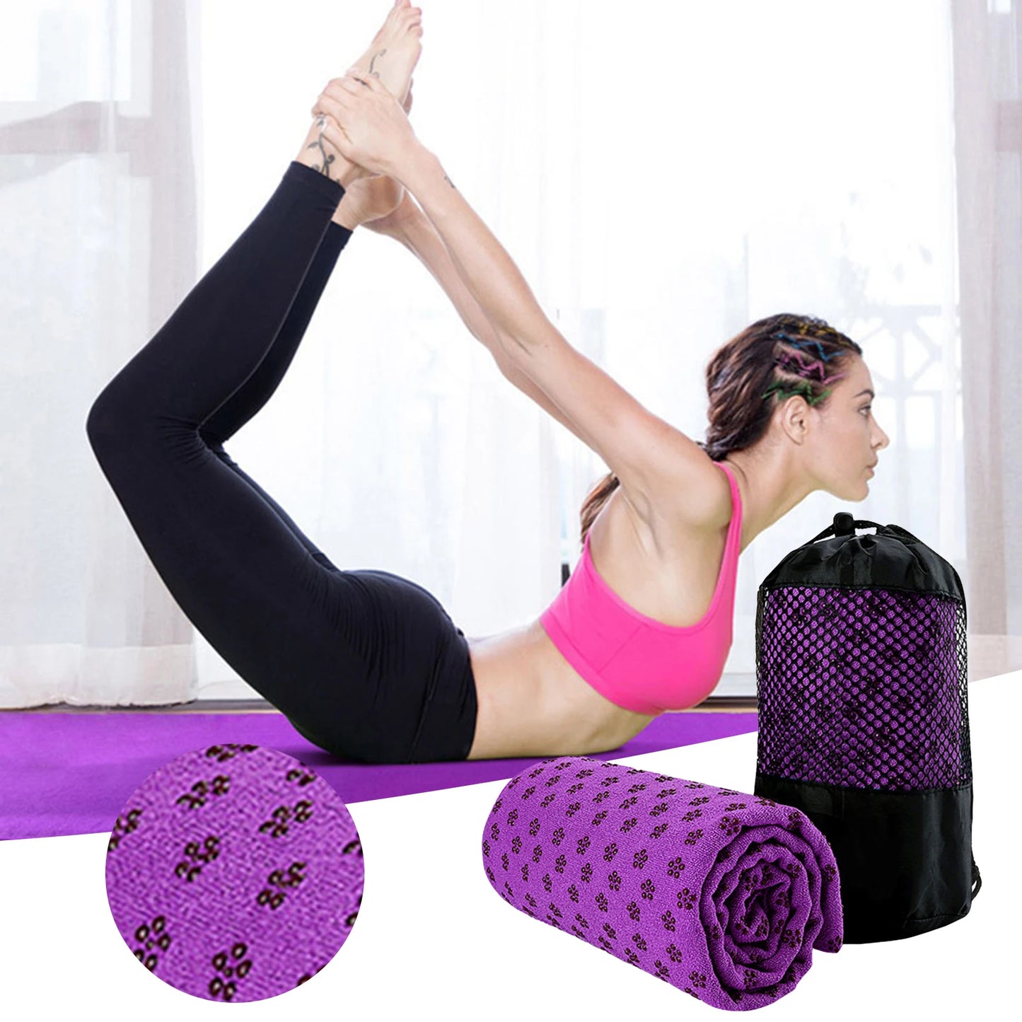 Anti-Slip Yoga-Grip Towel Sweat Absorbent Microfiber Mat Cover For Home Fitness Workouts