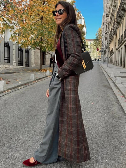 Woolen Plaid Long Coat Women Turn-down Collar Loose Long Sleeve Button Elegant Outwear Female Thicken 2025 Spring Street Jacket