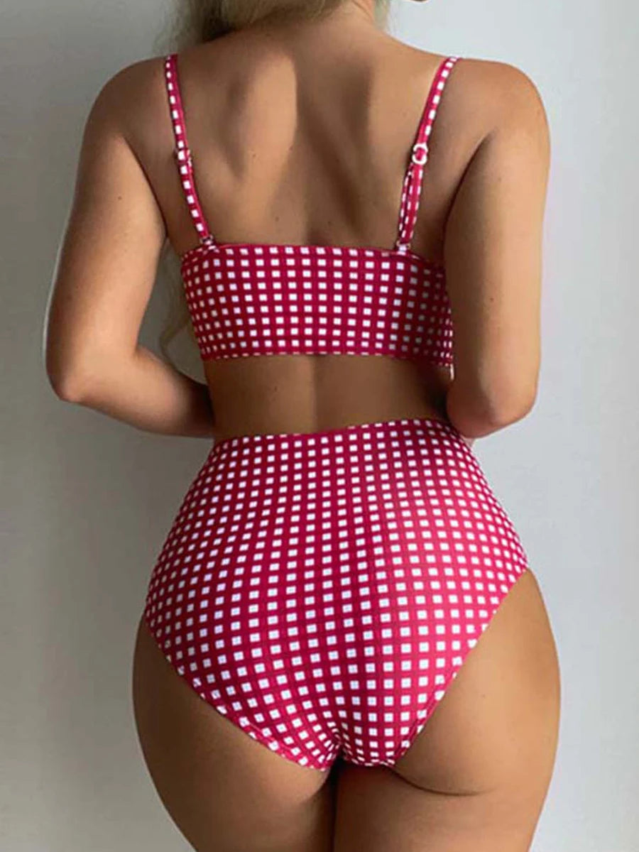 High Waist Bikinis 2025 Women Gingham Printed Swimwear Female Sexy Straped Swimsuit Female Padded Bathers Bathing Suit Beachwear