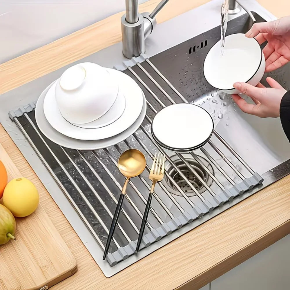 Rollable Foldable Stainless Steel Sink Drying Rack Kitchen Multifunctional Dish Drainer For Vegetable Fruit Storage