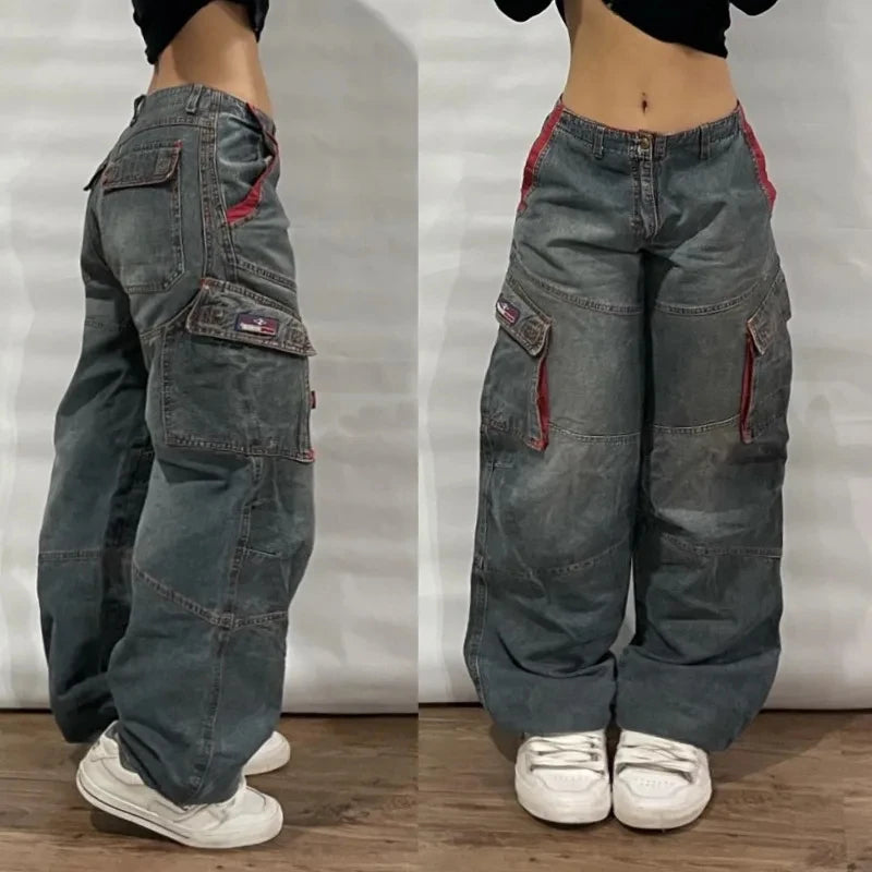 Streetwear New Fashion Red Crown Embroidered Baggy Jeans Women Y2K Gothic Harajuku Hip Hop Popular Casual Joker Couple Jeans