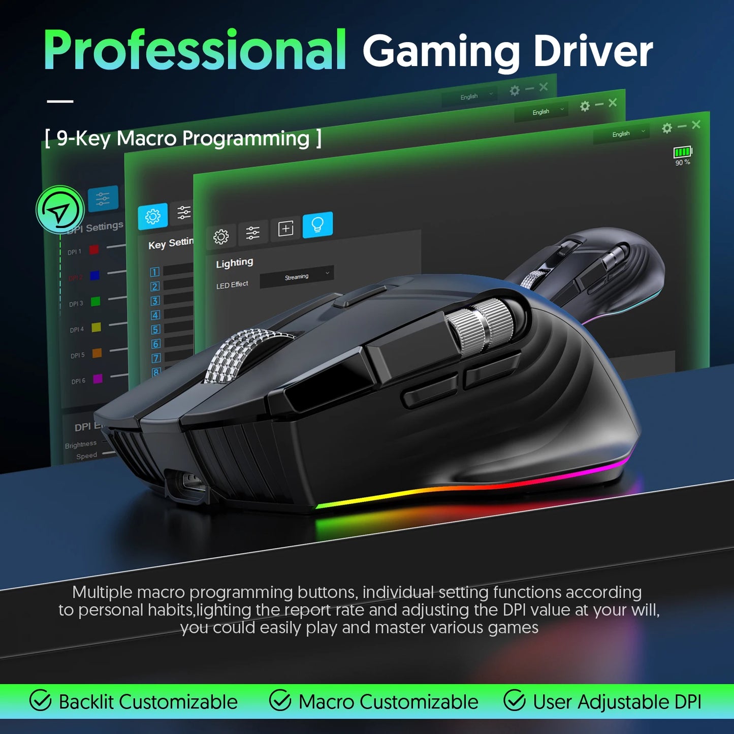 Wireless+Bluetooth+wired gaming mouse with side scroll wheel rechargeable macro function gaming mouse suitable for laptops