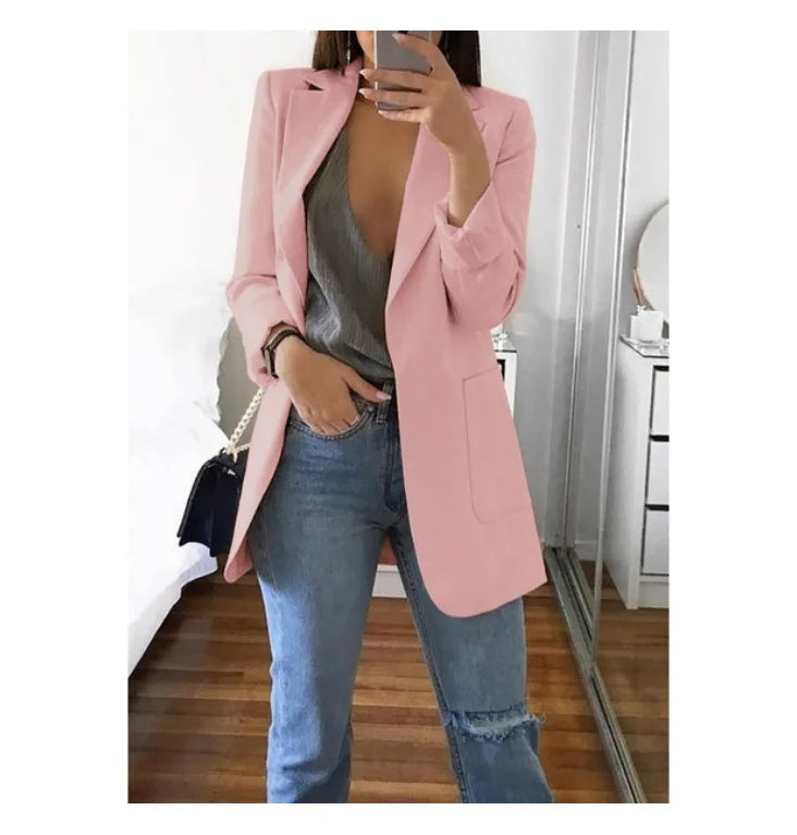 Autumn And Winter Women's Fashion Solid Color Polo Neck Slim Fit Coat Elegant Women's Long Sleeve Pocket Casual Suit Coat S-3XL