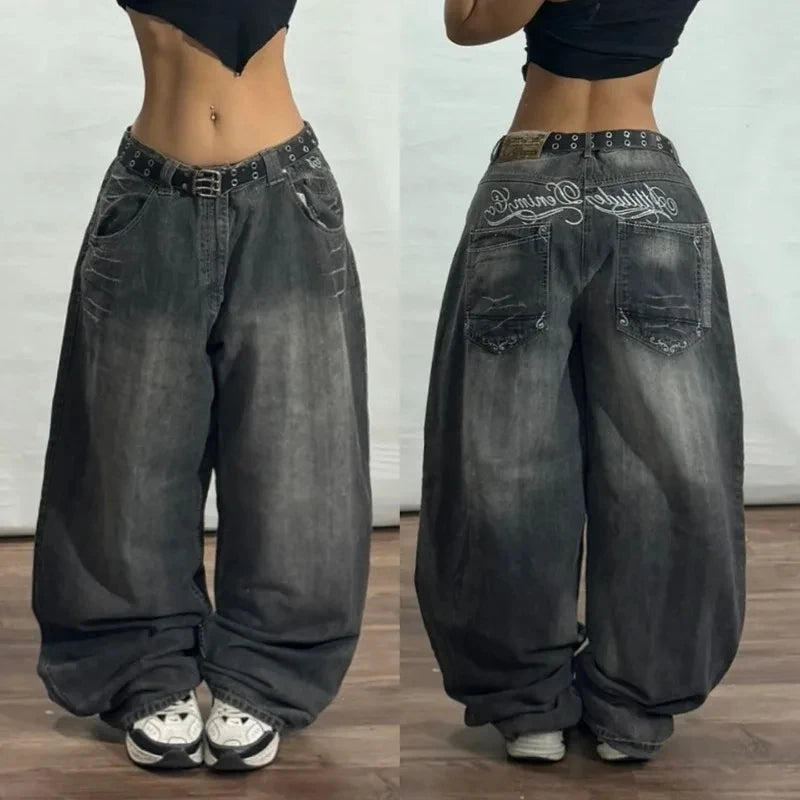 Streetwear New Fashion Red Crown Embroidered Baggy Jeans Women Y2K Gothic Harajuku Hip Hop Popular Casual Joker Couple Jeans
