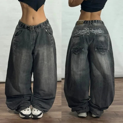 Streetwear New Fashion Red Crown Embroidered Baggy Jeans Women Y2K Gothic Harajuku Hip Hop Popular Casual Joker Couple Jeans
