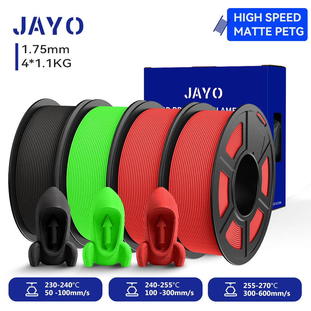 JAYO 4Rolls 3D High Speed Matte PETG 3D Filament 1.75mm 30mm/s - 600mm/s Print Range High Flow Speedy PETG 3D Printer Filament