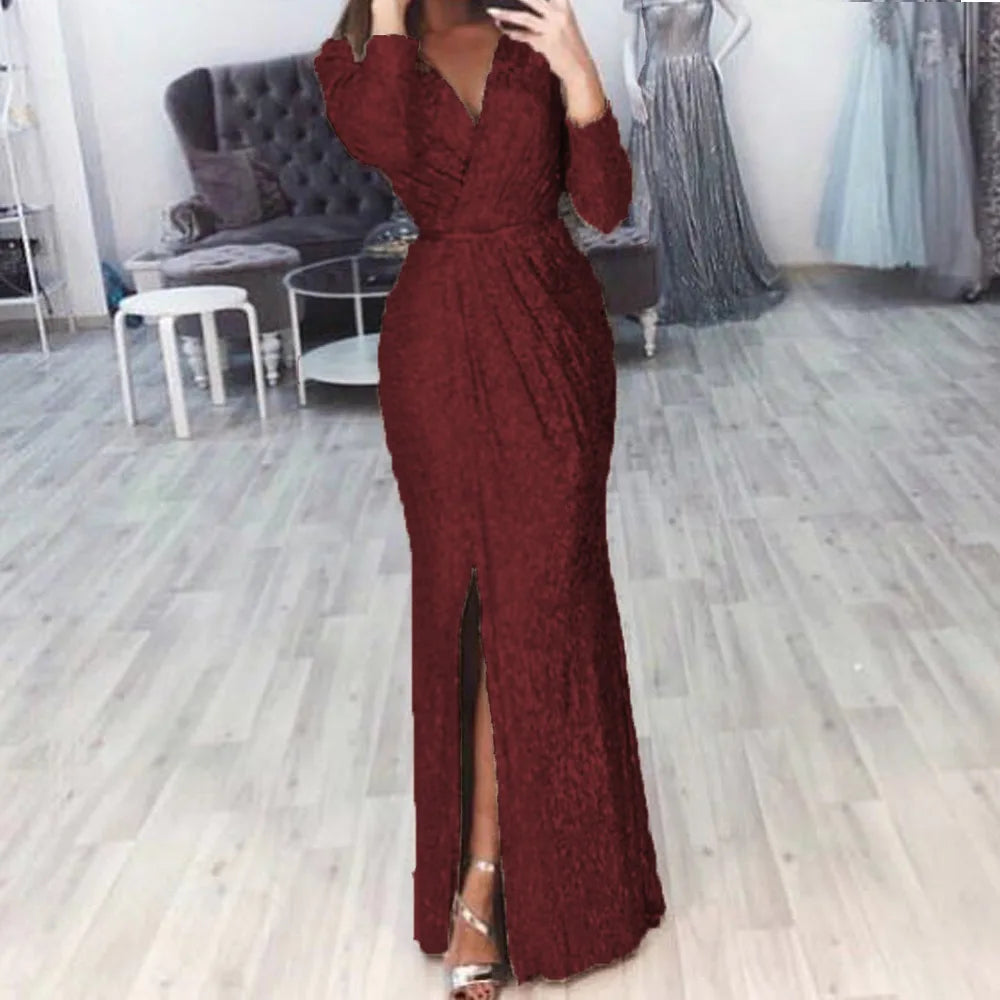 Women's Sequin High Slit Party Dresses Ruched Evening Glitter Dress Deep V Neck Long Sleeve Vestidos 2025 Autumn Female New Robe