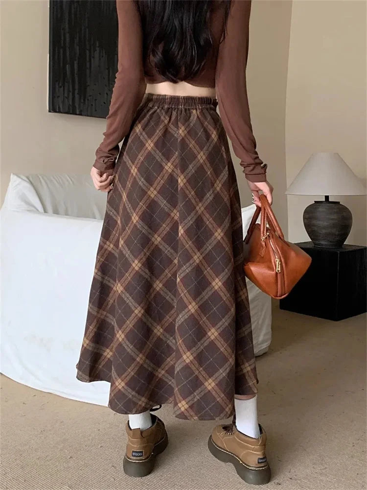 Tweed plaid high waist half-body skirt female fall and winter new retro loose big yards leisure long A-line half-body skirt