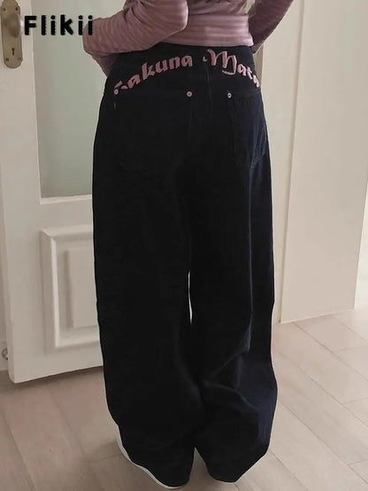 Women's Sweet Casual Full Length Baggy Denim Trouser Retro Emo Harajuku Loose Jeans Letter Embroidery High Waist Y2K 2000s Pants