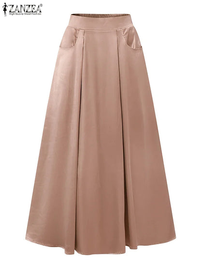 Fashion Women High Waist Party Skirt 2025 ZANZEA Summer Satin Jupe Elegant A-line OL Work Faldas Saia Stylish Maxi Long Skirts