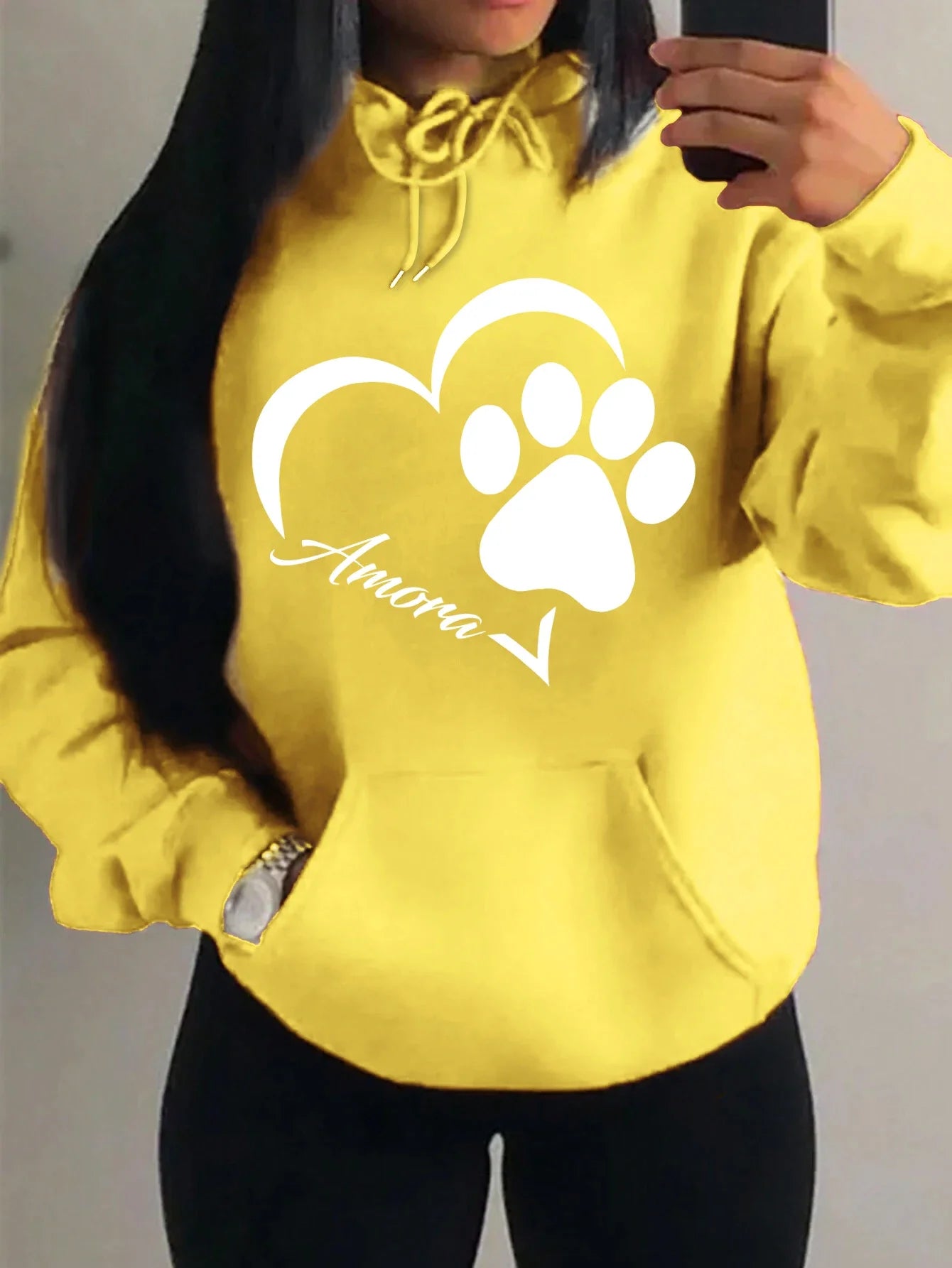 Love And Little Cat Foot Creative Print Women Hoody Fashion Autumn Sweatshirt Pocket Hoodie Sport Style Comfortable Pullover