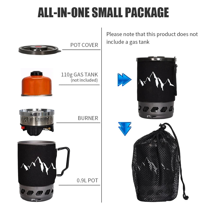 0.9L Camping Stove System Portable Cooking Burner Outdoor Propane Cooking System for Hiking Beach Picnic Trekking Emergency Use
