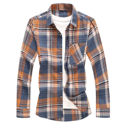 2026 New Men's Long Sleeved Plaid Shirt, with Two Chest Pockets Single Breasted Lapel Cotton Shirts Big Size Male Top Chemise