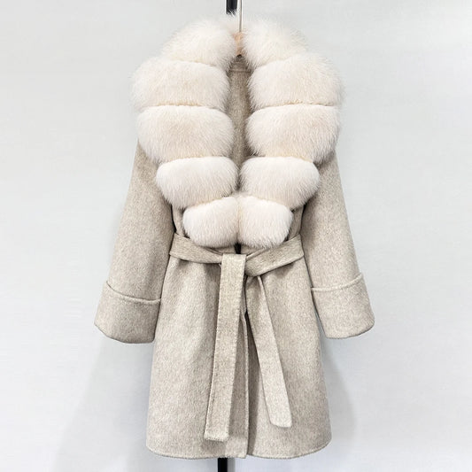 GENHUA 2025 New Winter Cashmere Wool Blends Women Natural Fox Fur Collar Cuffs Slim Fit Suit Double Sided Woolen Trench Coat