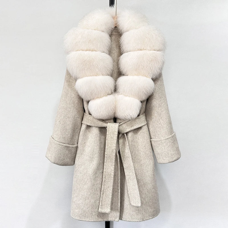 GENHUA 2025 New Winter Cashmere Wool Blends Women Natural Fox Fur Collar Cuffs Slim Fit Suit Double Sided Woolen Trench Coat