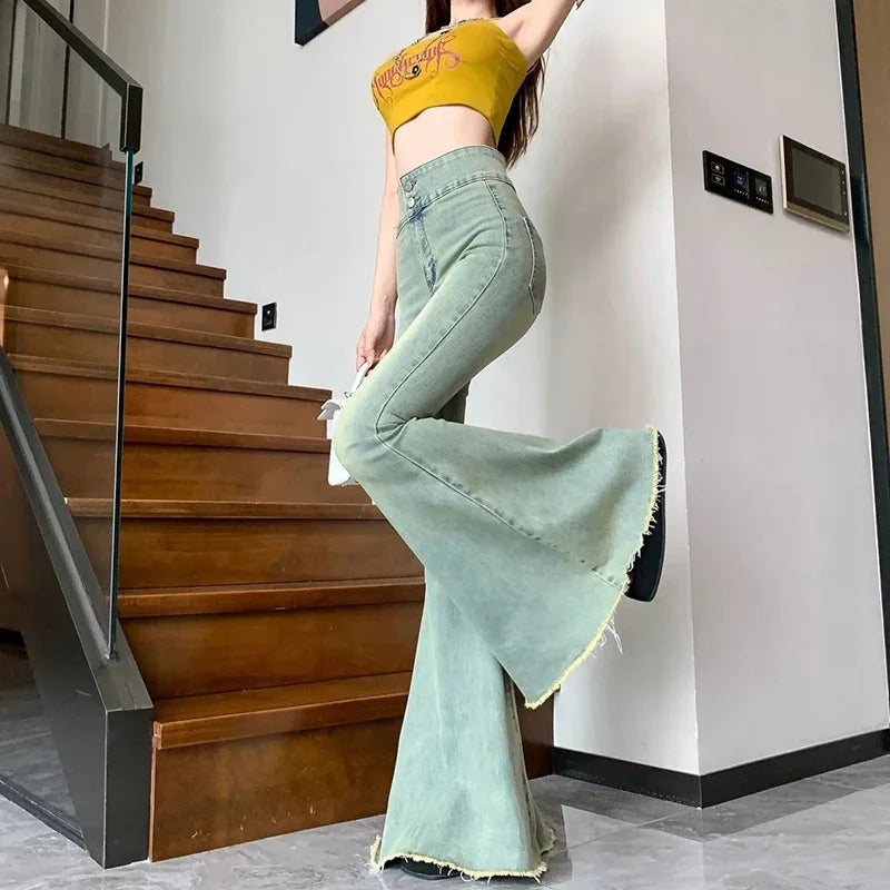 Lucyever Aesthetic Hot Skinny Flare Jeans Women Vintage Slim Fit High Waist Denim Pants Woman Y2K Streetwear Wide Leg Trousers