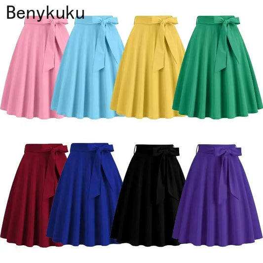 2025 Women Retro Vintage Midi Long Skirt Solid Elegant High Waist A Line Skater 50s Swing Skirts Ladies Workwear Falda Mujer