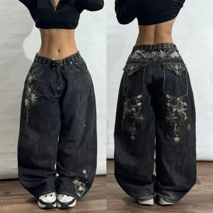 Streetwear New Fashion Red Crown Embroidered Baggy Jeans Women Y2K Gothic Harajuku Hip Hop Popular Casual Joker Couple Jeans