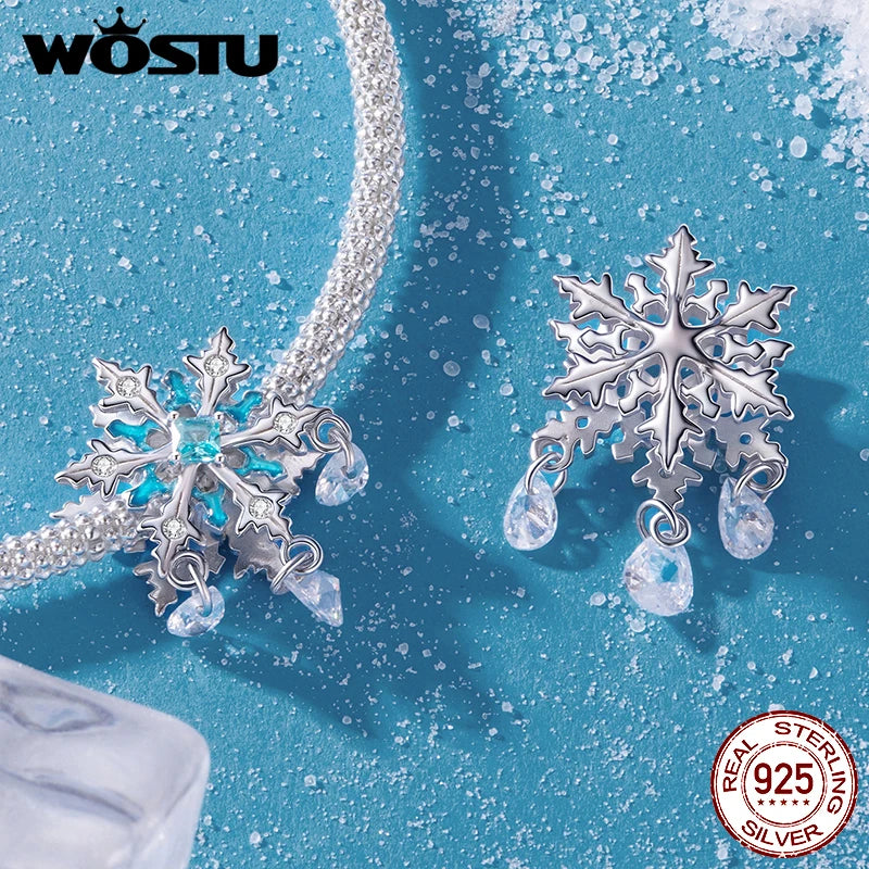 WOSTU 925 Sterling Silver Snowflake Charm Winter Snow Beads Purity Original Fit for Women Girls Necklace DIY Fine Jewelry Gift