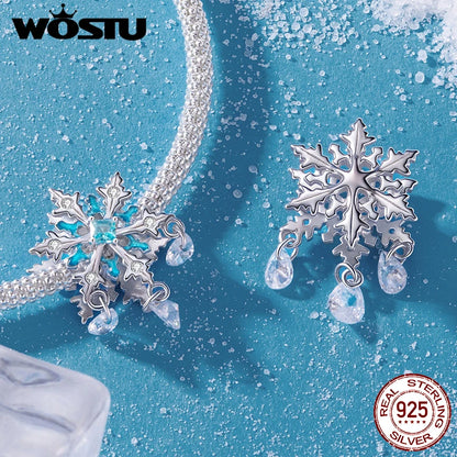 WOSTU 925 Sterling Silver Snowflake Charm Winter Snow Beads Purity Original Fit for Women Girls Necklace DIY Fine Jewelry Gift