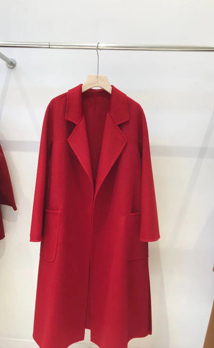 2023 Korean Women Handmade Corrugated Water Ripples Coat Double-sided Cashmere Wool Long Woolen Jacket Cashmere Coat Outerwear