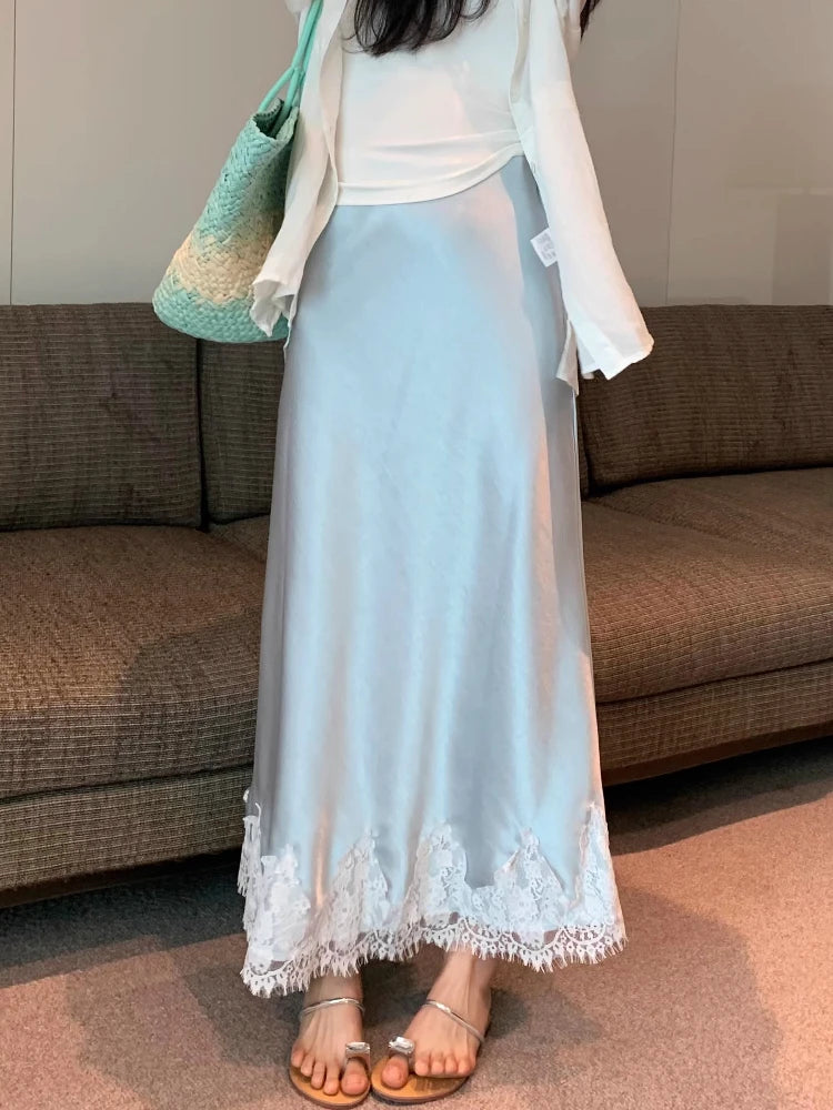 Elegant Long Skirts for Women Summer High Waist Lace Satin Skirt Women's A-line Korean Fashion Solid Color Loose Women's Skirt