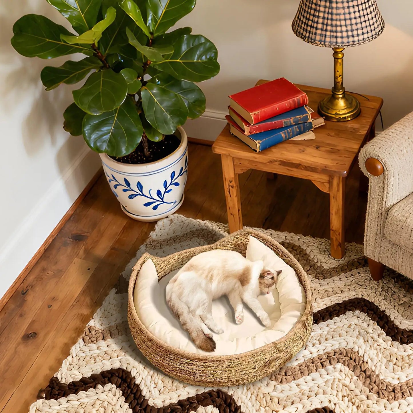 Cat Bed Cat Woven Nest Bed with Soft Cushion and Pillow All Season Weaving Pet Sleeping Resting Scratching Furniture for Puppy