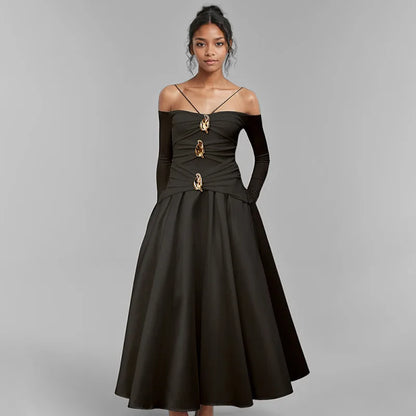 WTHT New Fashion Women Metal Buckle Design Sling Long Sleeves Dress 2025 Spring Off-shoulder A-line Party Dresses Female 1LS953