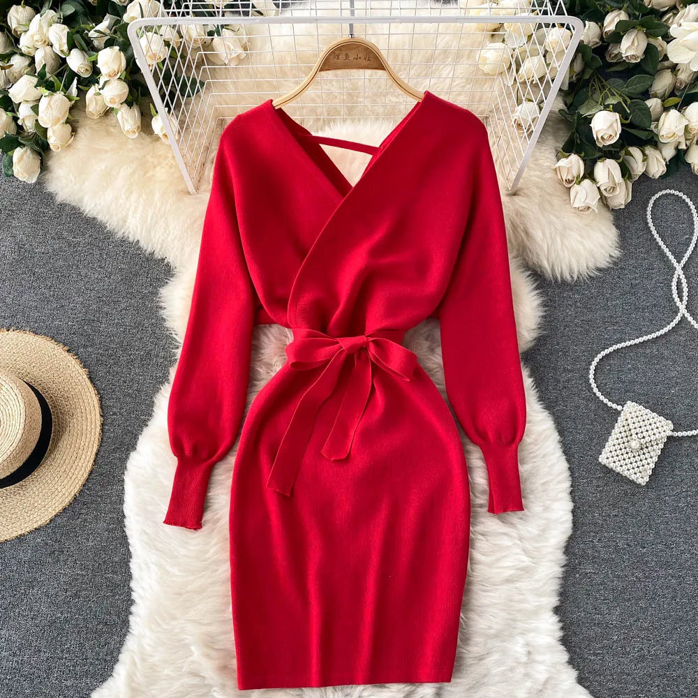 YuooMuoo Women Dress 2025 Autumn Winter Elegant Sash Bandage Bodycon Mini Dress Chic Fashion Y2K Knitted Ladies Dresses Party