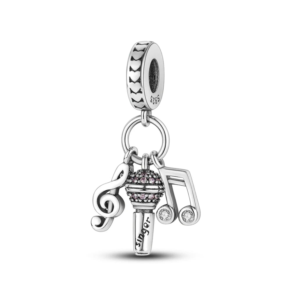 Guitar Microphone Music 925 Sterling Silver Charm Pendant Suitable Fit Original Bracelet Necklace keychain Jewelry Accessories