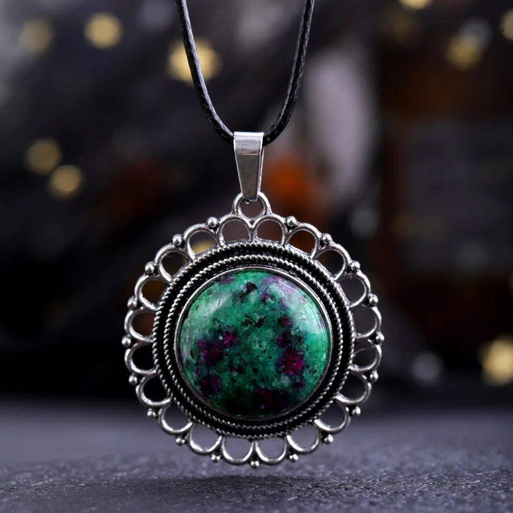Lace Agate Necklace Vintage Style Round Pendant Necklace Handmade Necklace Gemstone Necklace Crystal Stone Necklace for Women