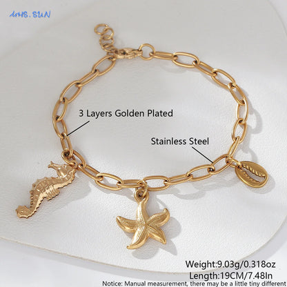 MHS.SUN Summer Starfish Conch Crab Charms Chain Bracelets Trendy Stainless Steel Ocean Style Beach Waterproof Jewelry For Women