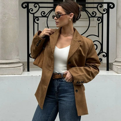 Talenza Vintage Women's Suede Leather Jacket Single Breasted Lapel Brown Blazer Loose Coats 2025 Autumn Office Lady Outerwears