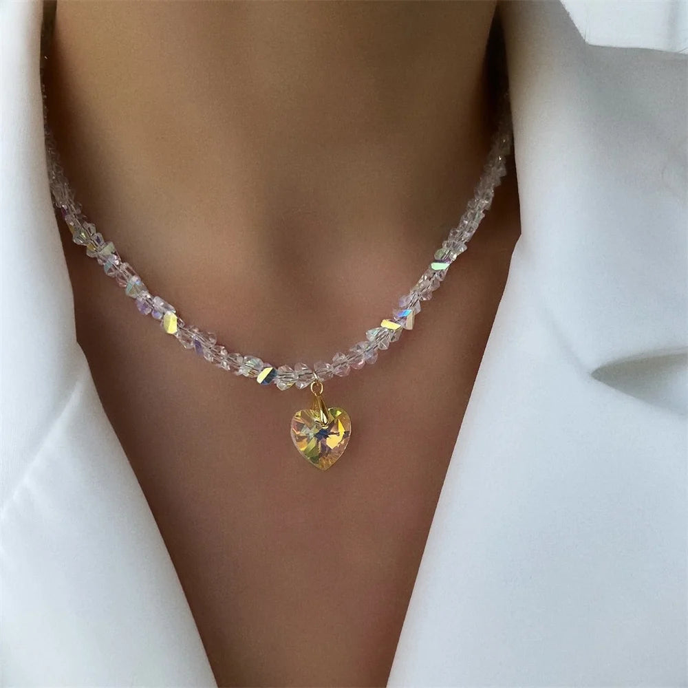 Collier pendentif cœur en zircon et pompons style vintage pour femme, style bohème géométrique baroque, chaîne en cristal transparent