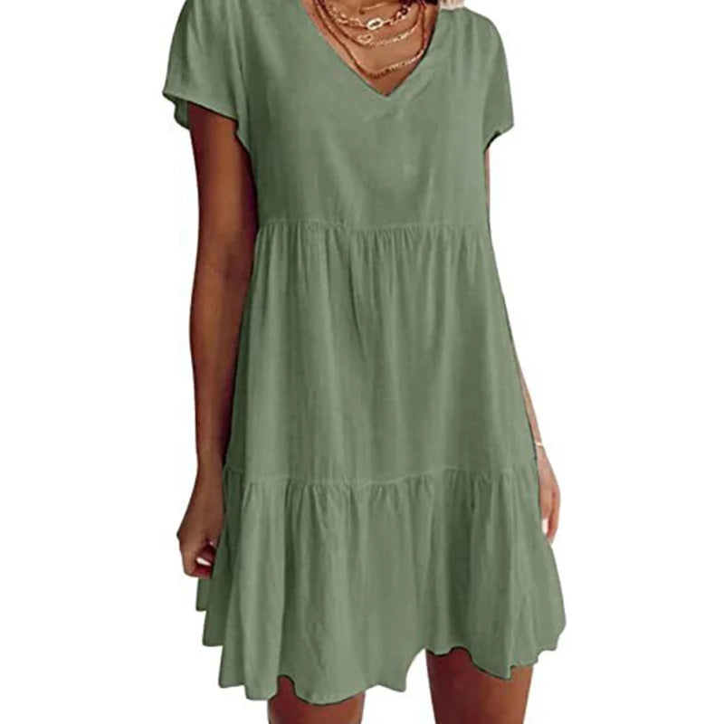 Women Short Sleeve Sexy V-Neck Swing Tunic Mini Dress Solid Color Pleated Ruffle Flowy Hem A-Line Casual Loose  Dropship