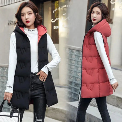 Double Side Vest Korean Slim Hooded Down Cotton Vest Women Waistcoat Sleeveless Jacket 2025 Autumn Winter Jacket Female Coat