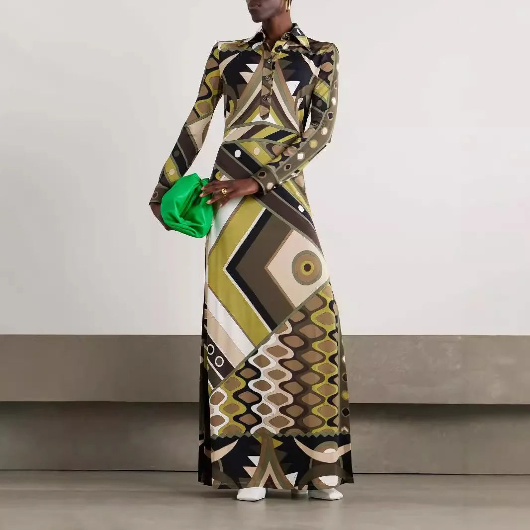 Summer 2025 Fashion Printed Tribal Style Dress With A Collar, Long Sleeves, Slit, And Body-hugging Design For Women.