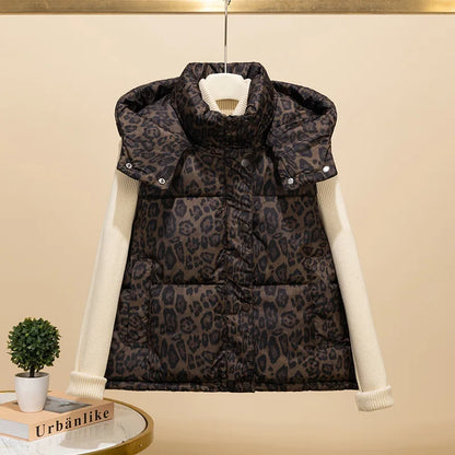 Autumn Winter Leopard Print Cotton Vest For Women American Fashion Hooded Sleeveless Jacket Casual High Street Warm Coat