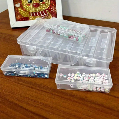 Each set contains 4 to 12 rectangular plastic storage boxes with hinged lids. They are transparent, portable and multifunctional