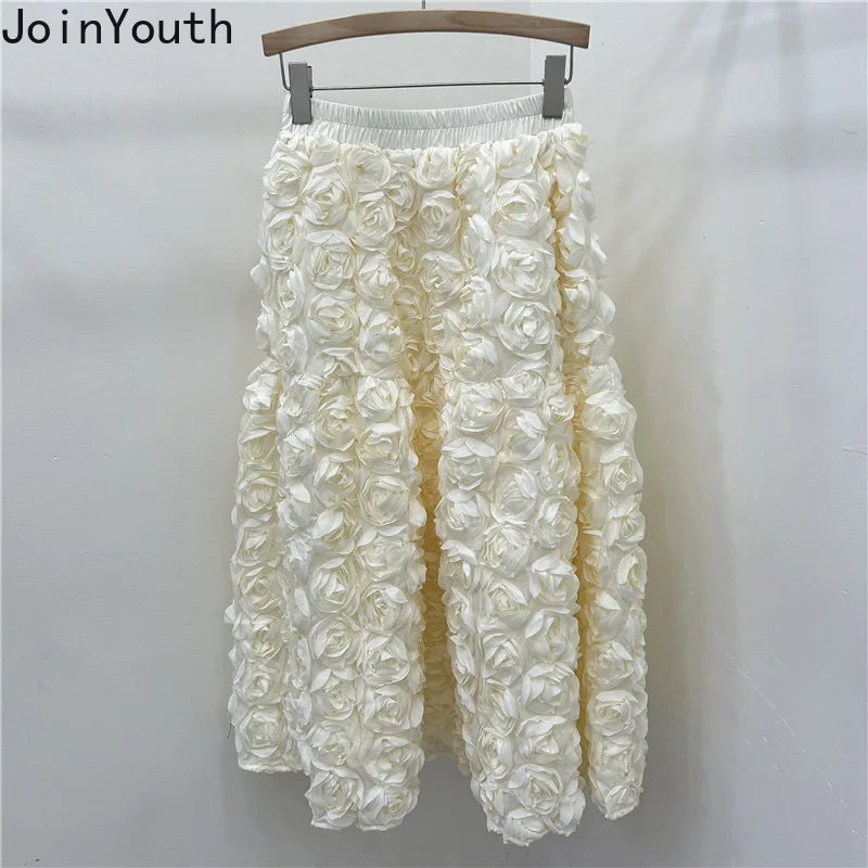 Chic 3D Floral Skirt for Women Temperament Jupe 2025 Faldas Mujer De Moda High Waist Loose Saia A-line Sweet Solid Color Skirts