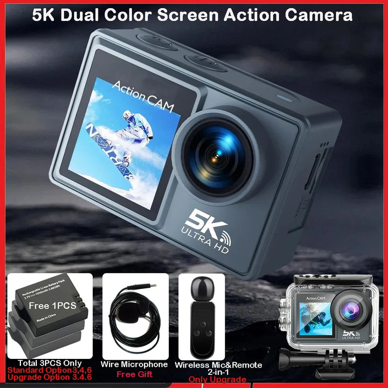 Action Camera 5K 4K60FPS Dual IPS Touch LCD EIS 170° 30M Waterproof 5X Zoom Sport Camera Optional Wireless Mic & Remote Control
