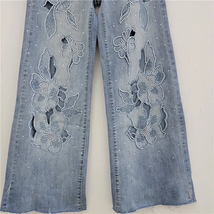 DEAT Women's Jeans High Waist Embroidery Flowers Burrs Edge Straight Wide Leg Denim Pants 2026 New Fashion Summer 29L9973