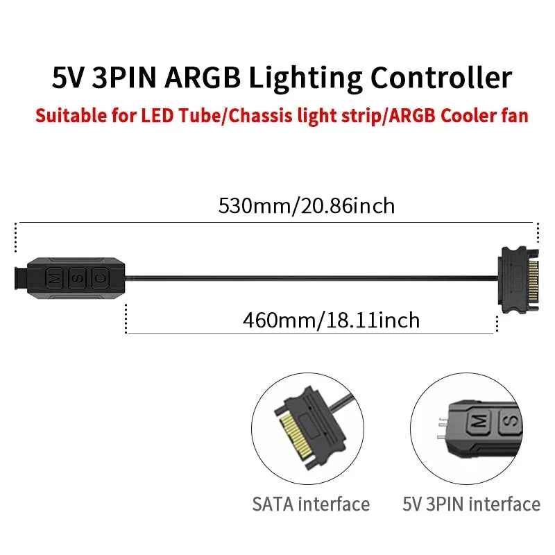 TEUCER  LC-S60 ARGB Controller Cable 5V 3PIN to SATA Interface Extension Controller with Remote Control for PC Cooling Fan