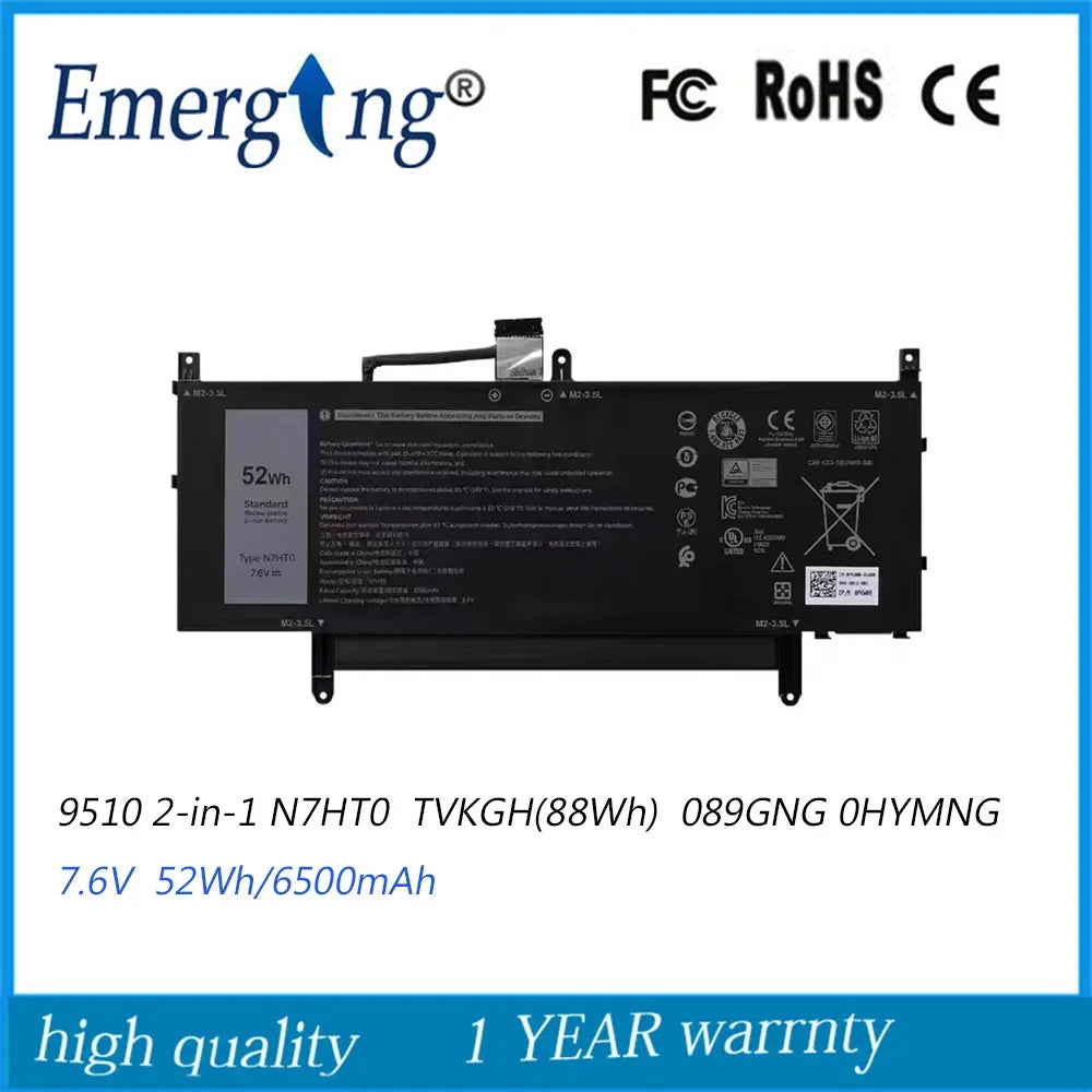 N7HT0 WPK5N 41GJW TVKGH N7HTO 089GNG  Laptop Battery for Dell  Latitude 15 9510 2-in-1  7.6V 52WH